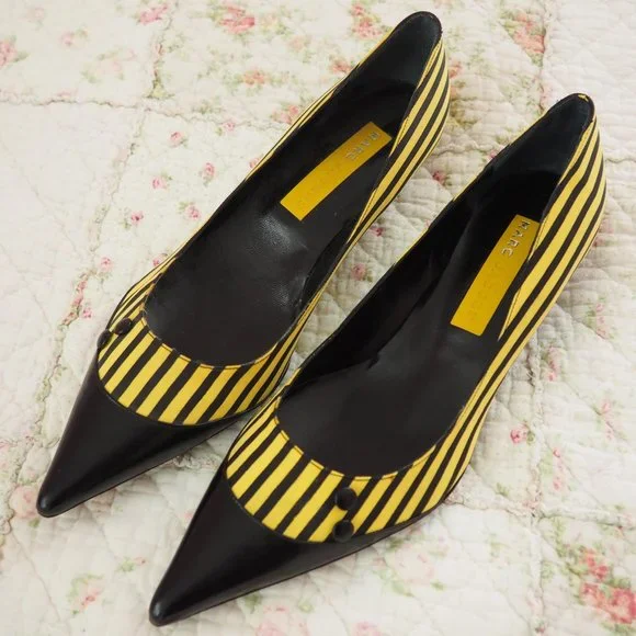 Authentic Marc Jacobs Yellow and Black Striped Pointy Heels Size 10
